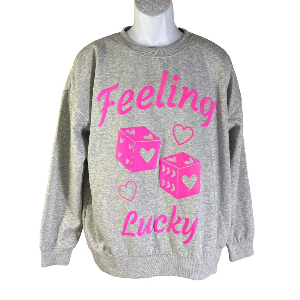 NO BOUNDARIES Women's Long Sleeve Pull-Over FEELING LUCKY Gambling Sweatshirt Lg